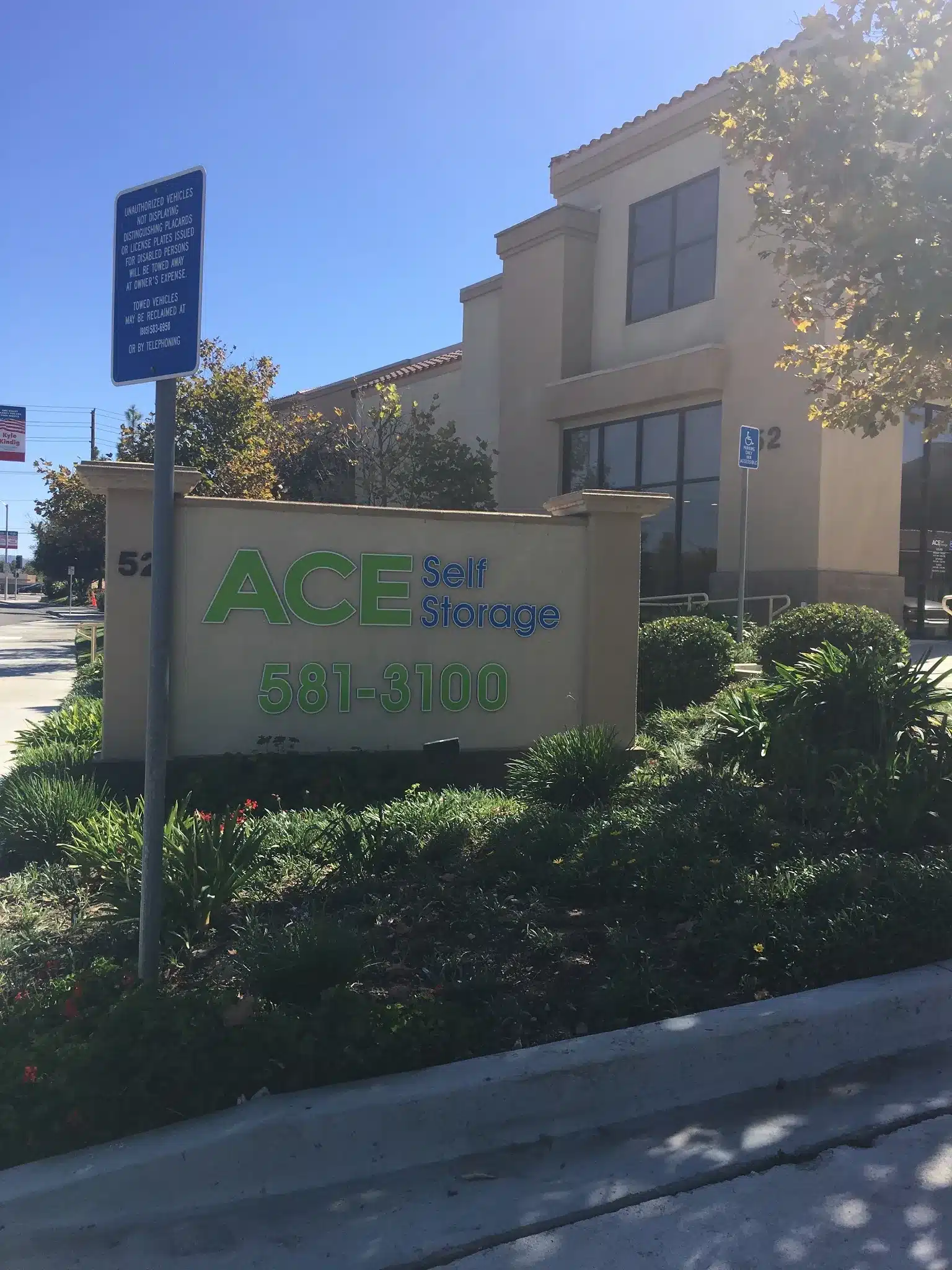Commercial Building Painting Simi Valley California Sign for ACE Self Storage with a commercial building in the background in Simi Valley California.