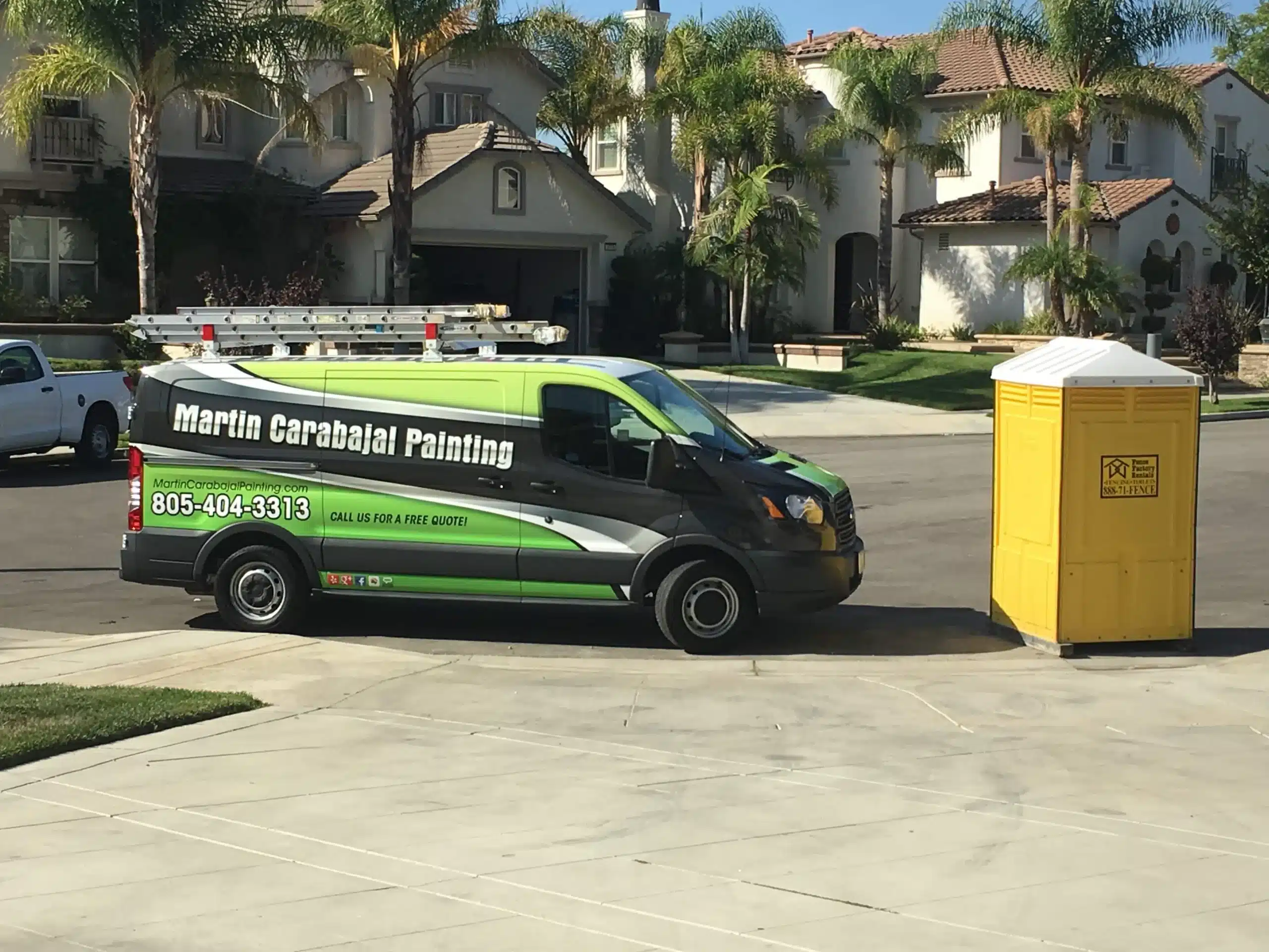 Residential Exterior Painting Services in Simi Valley California A painting company van is parked at a residential job site for exterior painting in Simi Valley California.